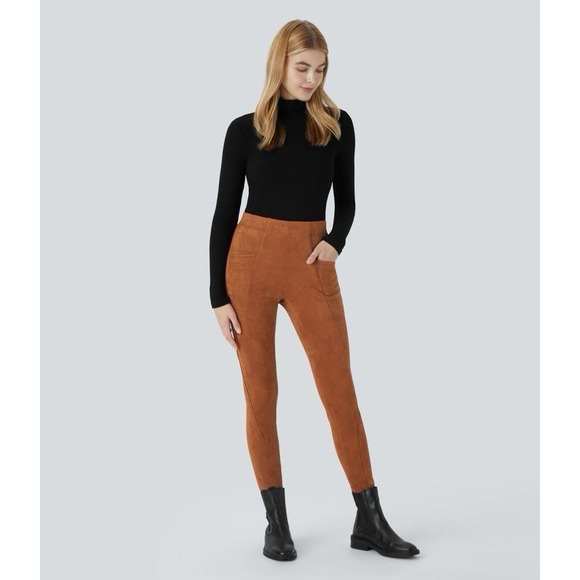 Halara Suede Leggings L Women's High-Waist Faux Leather Pants Chocolate Brown - Picture 1 of 11